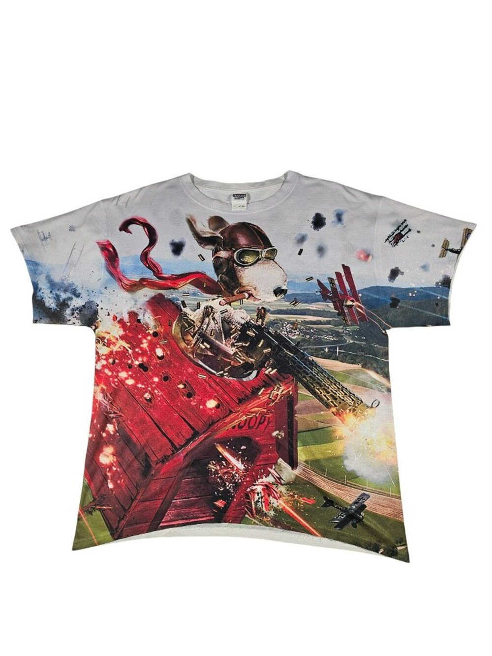 Snoopy Dog House Fighter Plane Double Sided Graphic Tee T-Shirt Men's Size L Lar